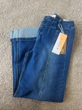Risen High Rise Dark Wash Wide Leg Stretch Jeans with Front Yoke Detail - 11/30